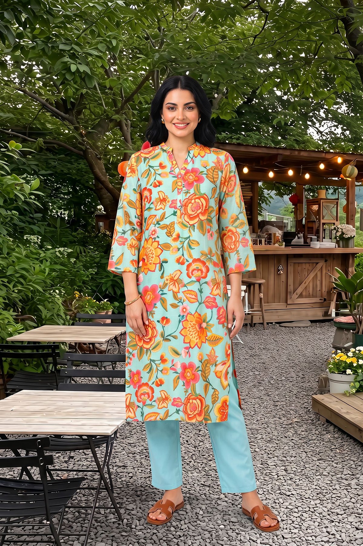 Turquoise Blue Floral Printed Straight Kurta