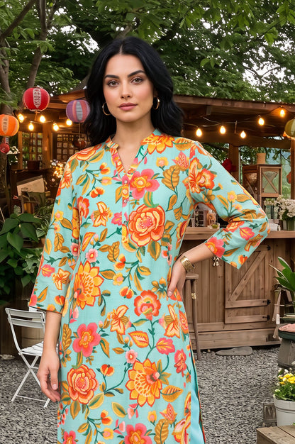 Turquoise Blue Floral Printed Straight Kurta