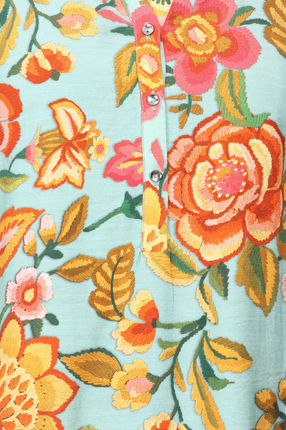 Turquoise Blue Floral Printed Straight Kurta