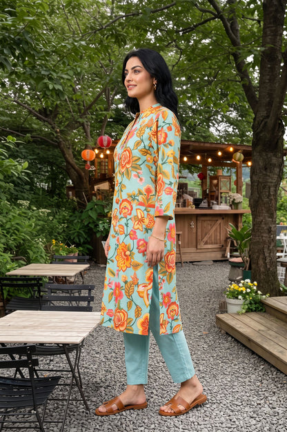 Turquoise Blue Floral Printed Straight Kurta