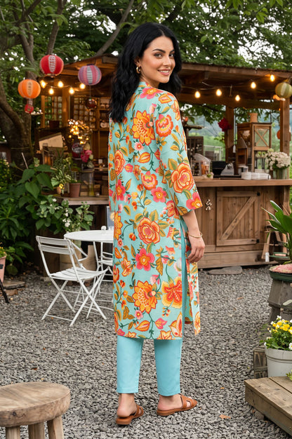 Turquoise Blue Floral Printed Straight Kurta
