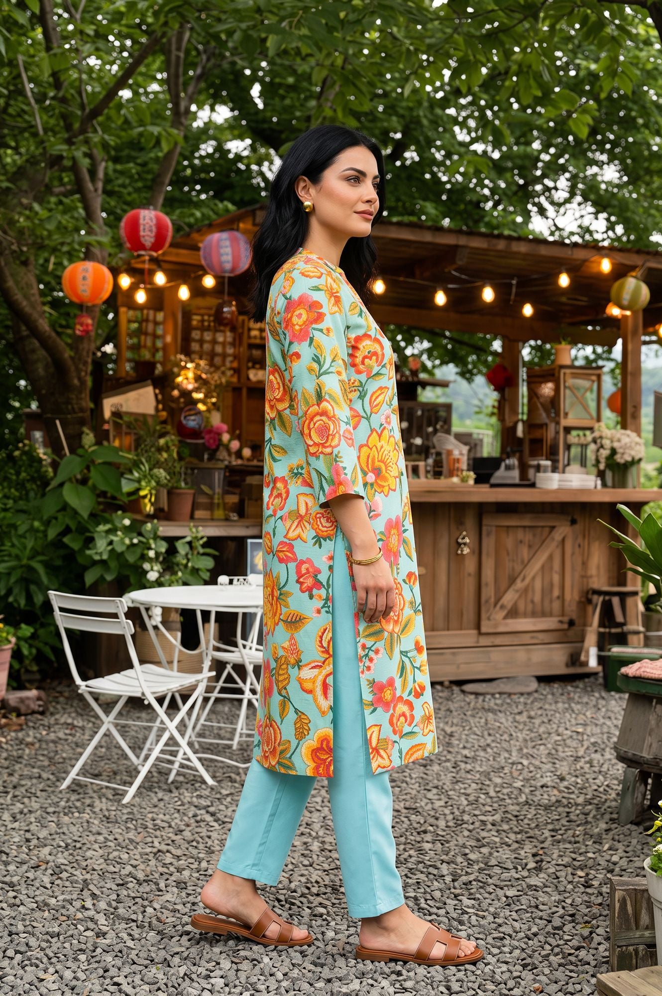 Turquoise Blue Floral Printed Straight Kurta
