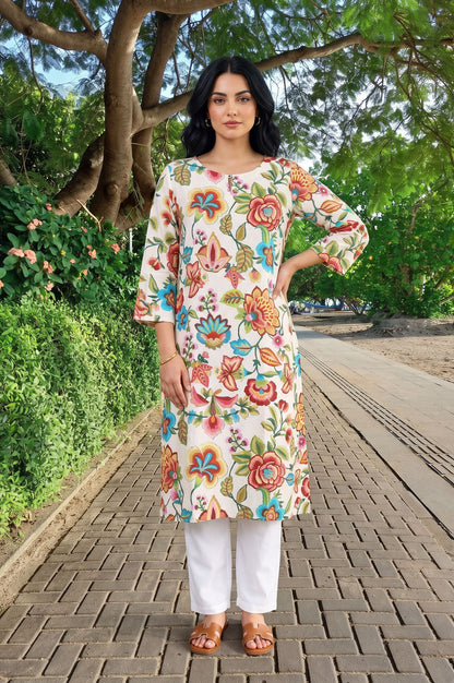 Off White Floral Printed Straight Kurta
