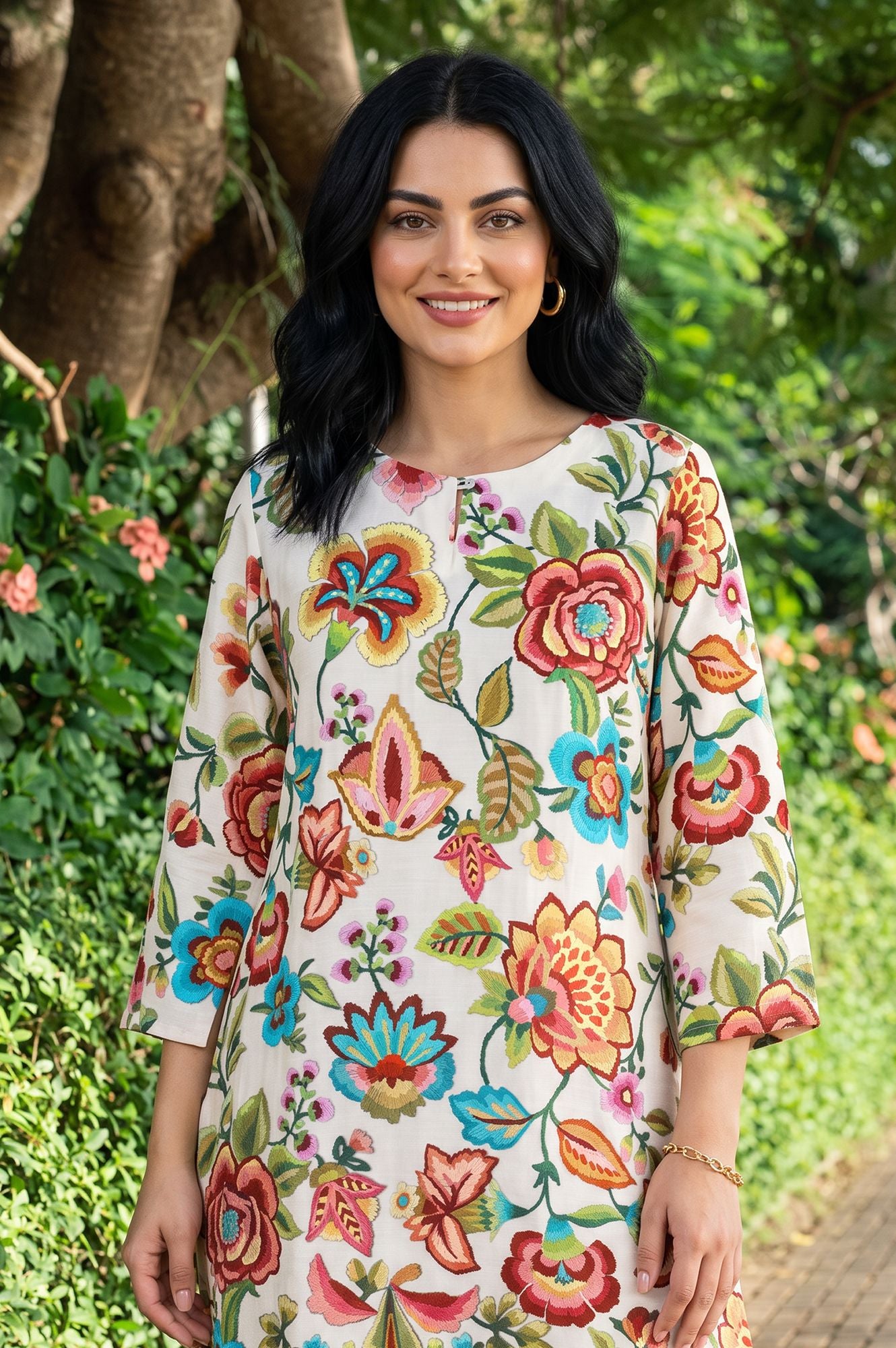 Off White Floral Printed Straight Kurta