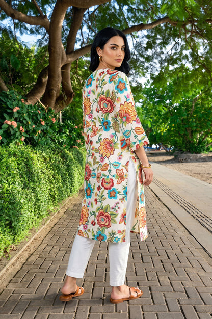 Off White Floral Printed Straight Kurta