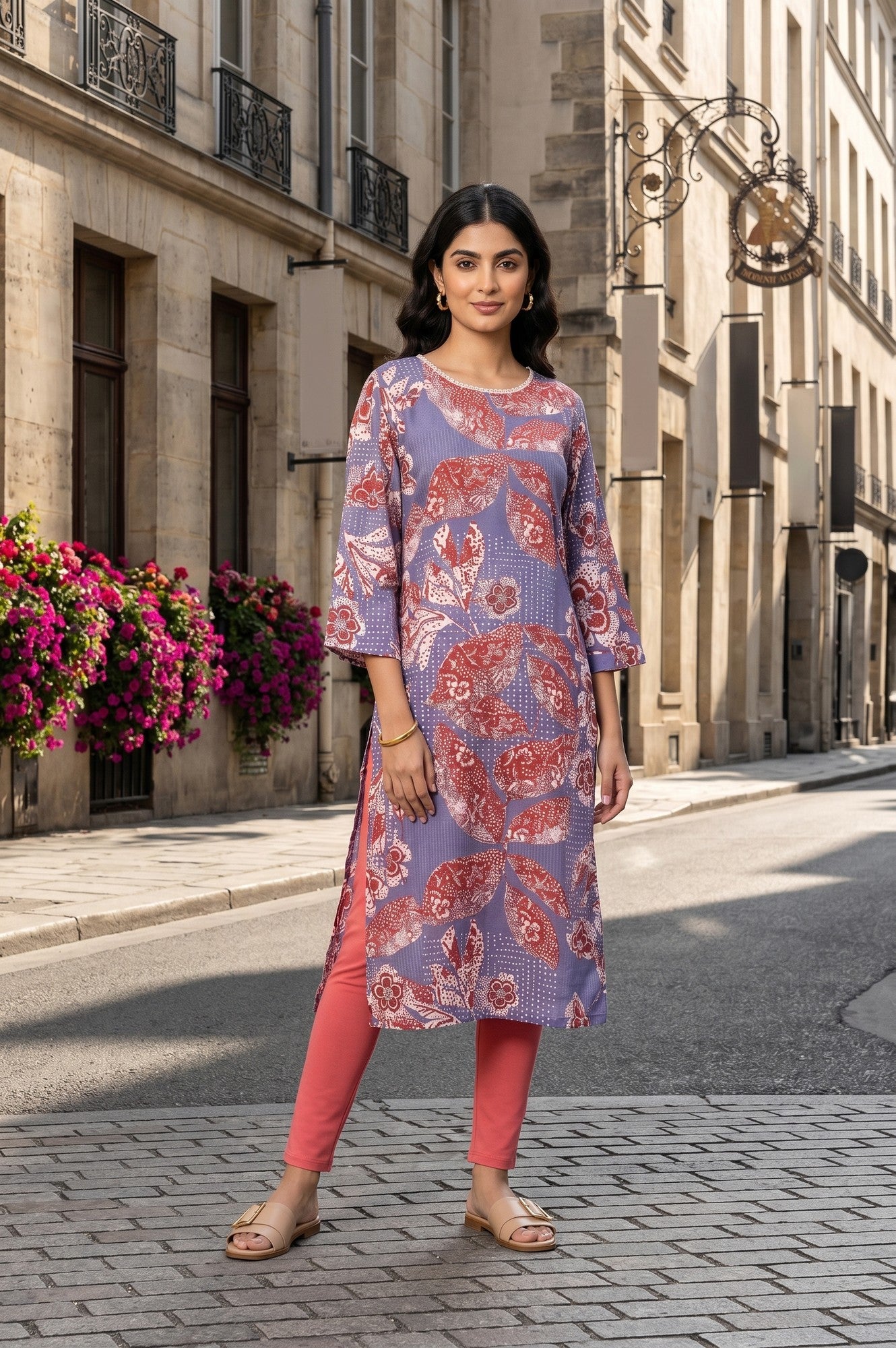 Lavender Floral Printed Pure Cotton Straight Kurta