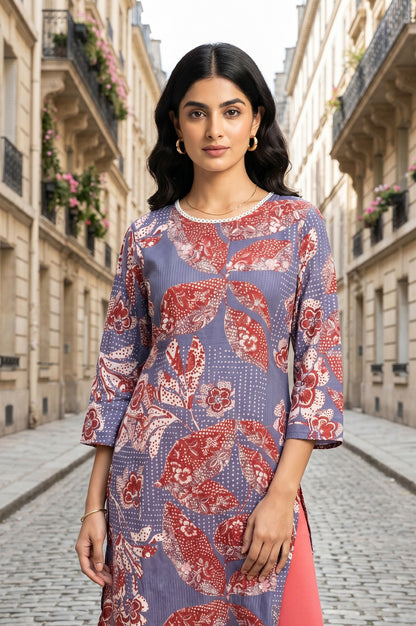 Lavender Floral Printed Pure Cotton Straight Kurta