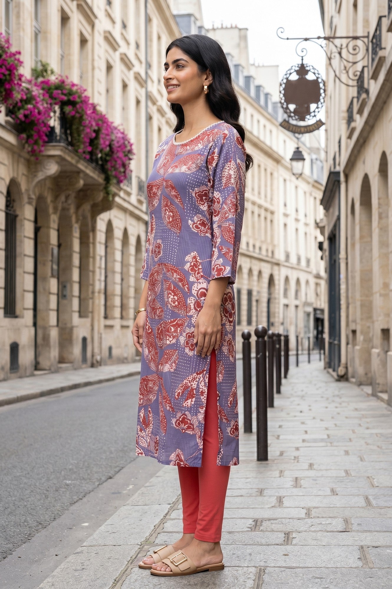 Lavender Floral Printed Pure Cotton Straight Kurta