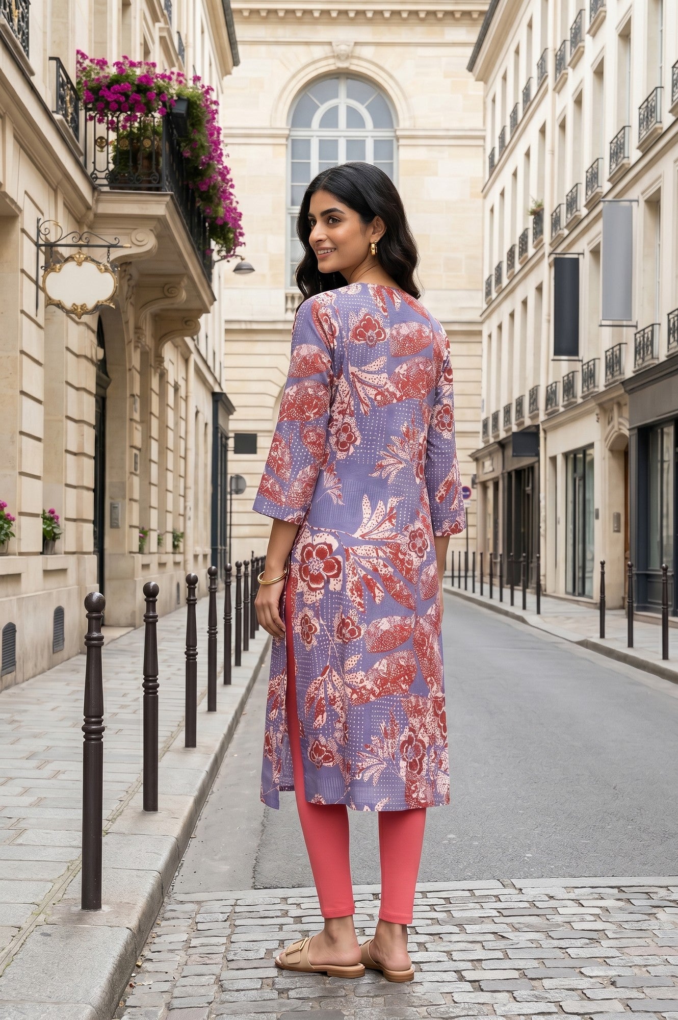 Lavender Floral Printed Pure Cotton Straight Kurta