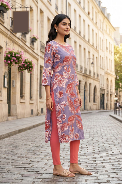 Lavender Floral Printed Pure Cotton Straight Kurta