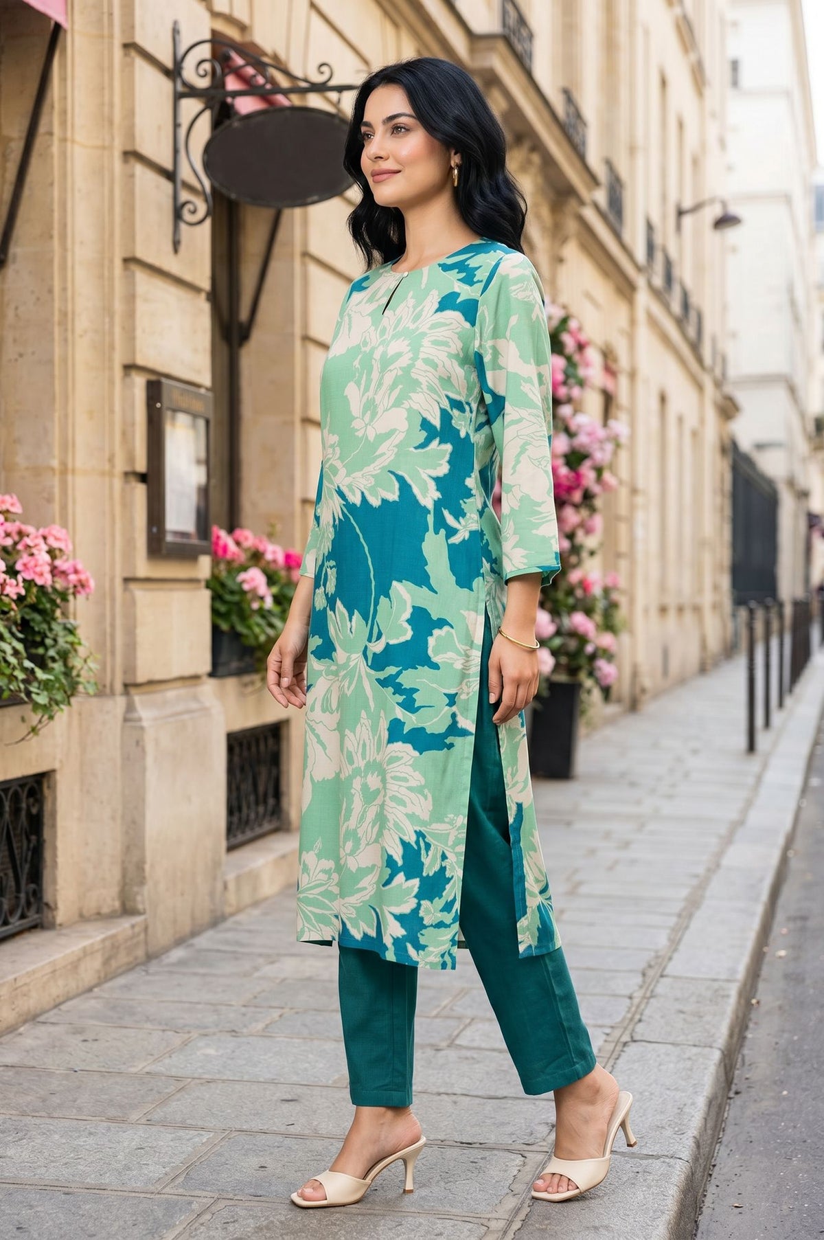 Sea Green Floral Printed Modal Straight Kurta