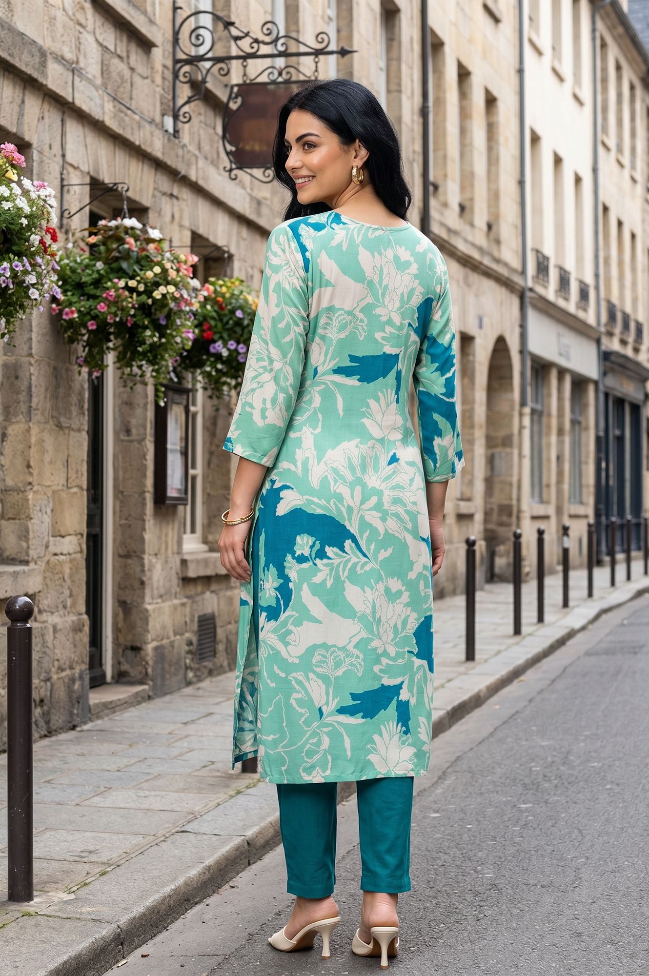 Sea Green Floral Printed Modal Straight Kurta