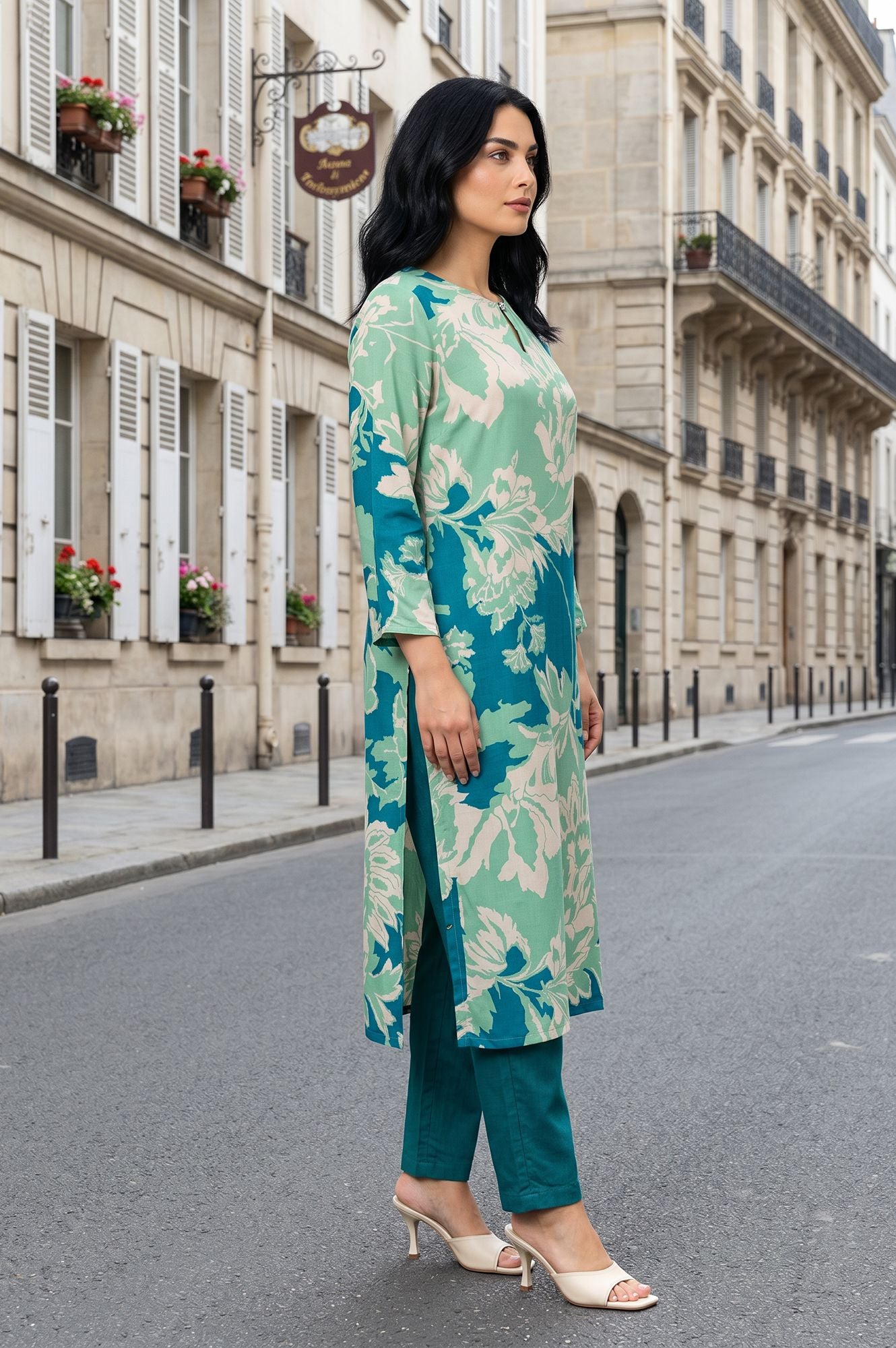 Sea Green Floral Printed Modal Straight Kurta