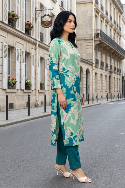 Sea Green Floral Printed Modal Straight Kurta