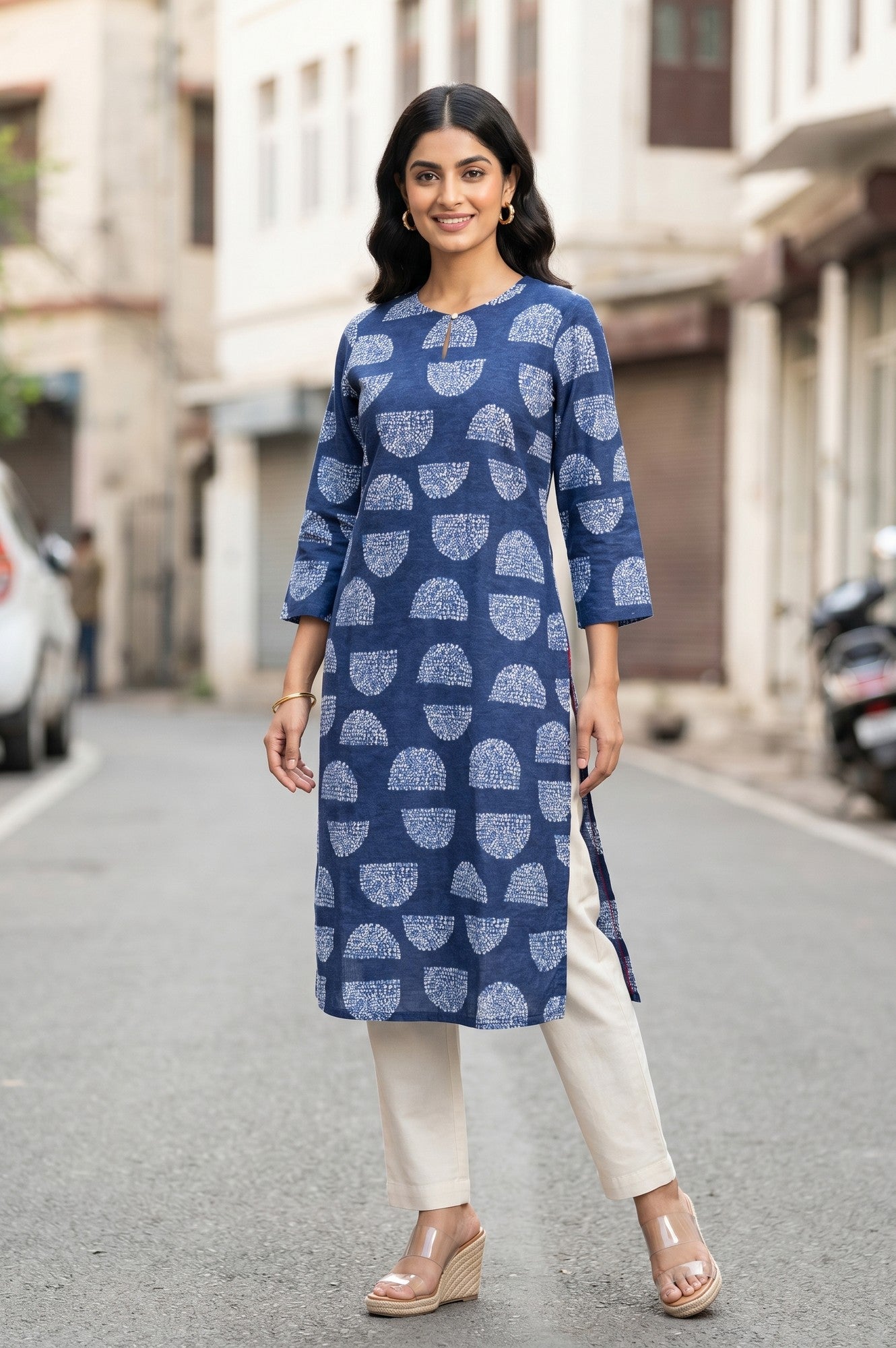 Navy Blue Geometric Printed Pure Cotton Straight Kurta