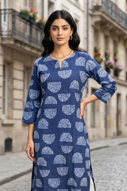 Navy Blue Geometric Printed Pure Cotton Straight Kurta