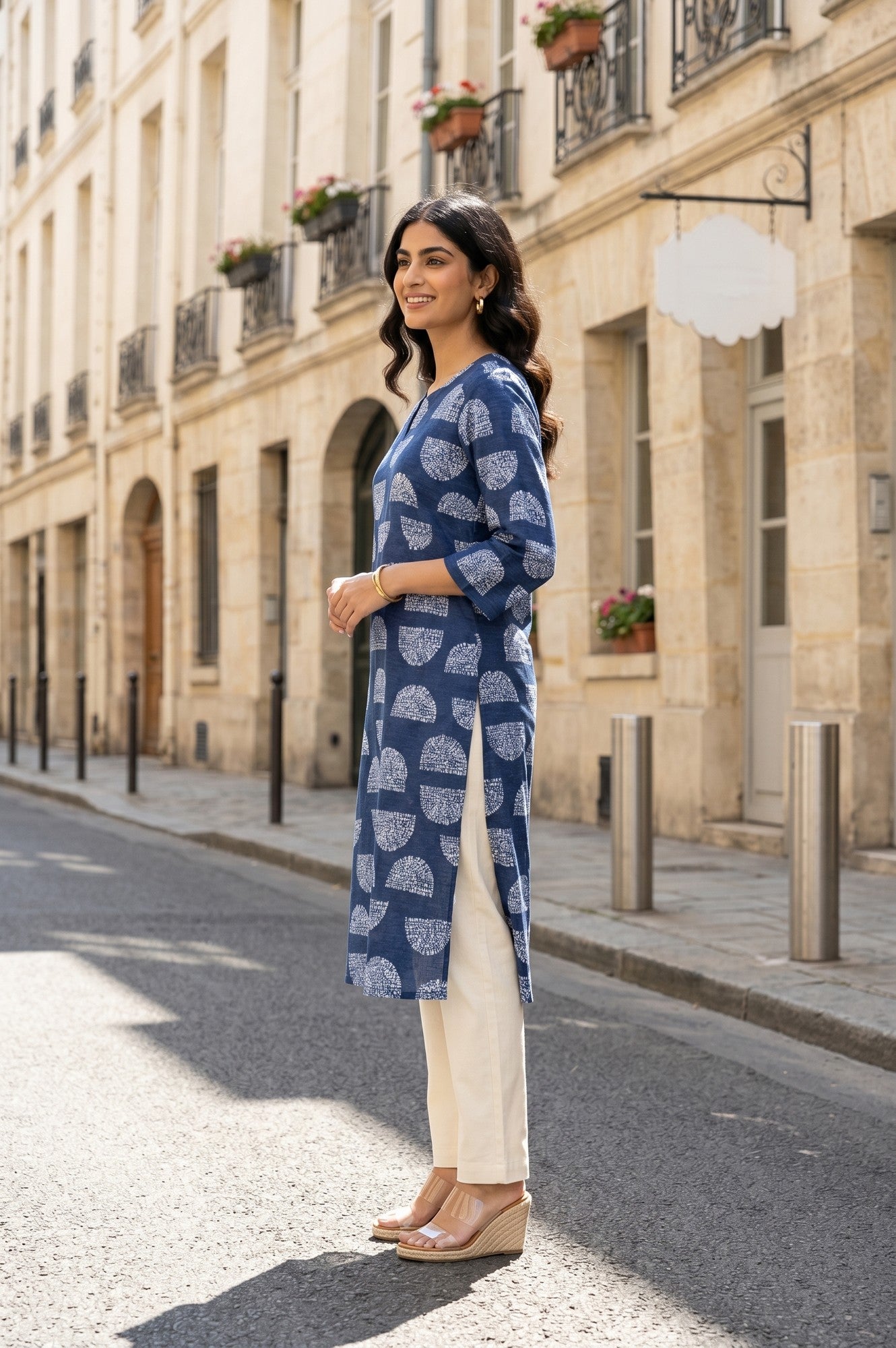 Navy Blue Geometric Printed Pure Cotton Straight Kurta