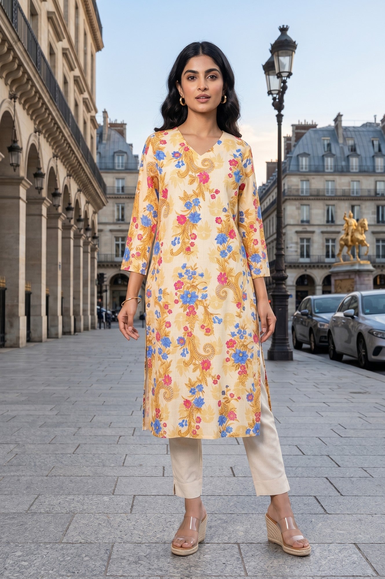 Beige Floral Printed Pure Cotton Straight Kurta