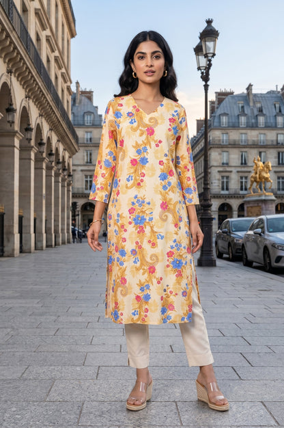 Beige Floral Printed Pure Cotton Straight Kurta