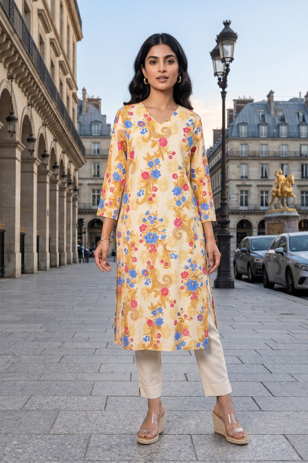 Beige Floral Printed Pure Cotton Straight Kurta