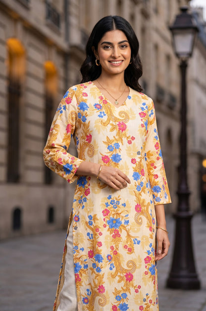 Beige Floral Printed Pure Cotton Straight Kurta