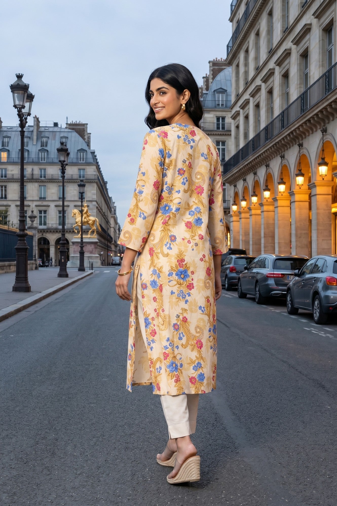 Beige Floral Printed Pure Cotton Straight Kurta