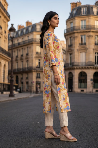 Beige Floral Printed Pure Cotton Straight Kurta