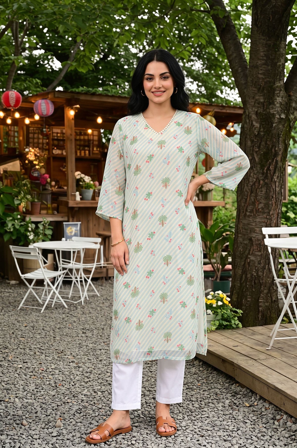Off White Floral Printed Silver Chiffon Straight Kurta - XS