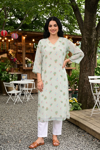 Off White Floral Printed Silver Chiffon Straight Kurta