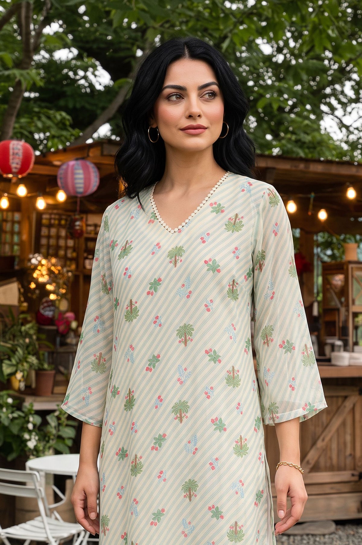 Off White Floral Printed Silver Chiffon Straight Kurta