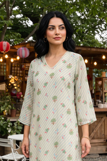 Off White Floral Printed Silver Chiffon Straight Kurta