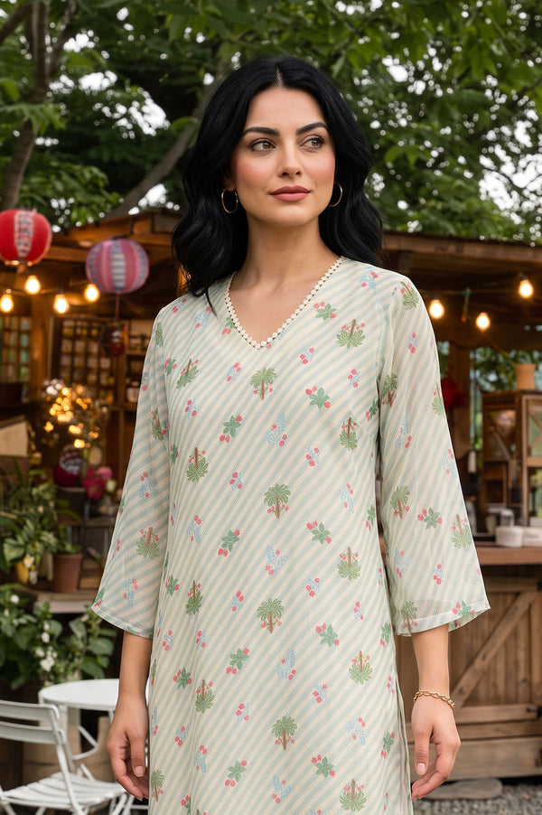 Off White Floral Printed Silver Chiffon Straight Kurta