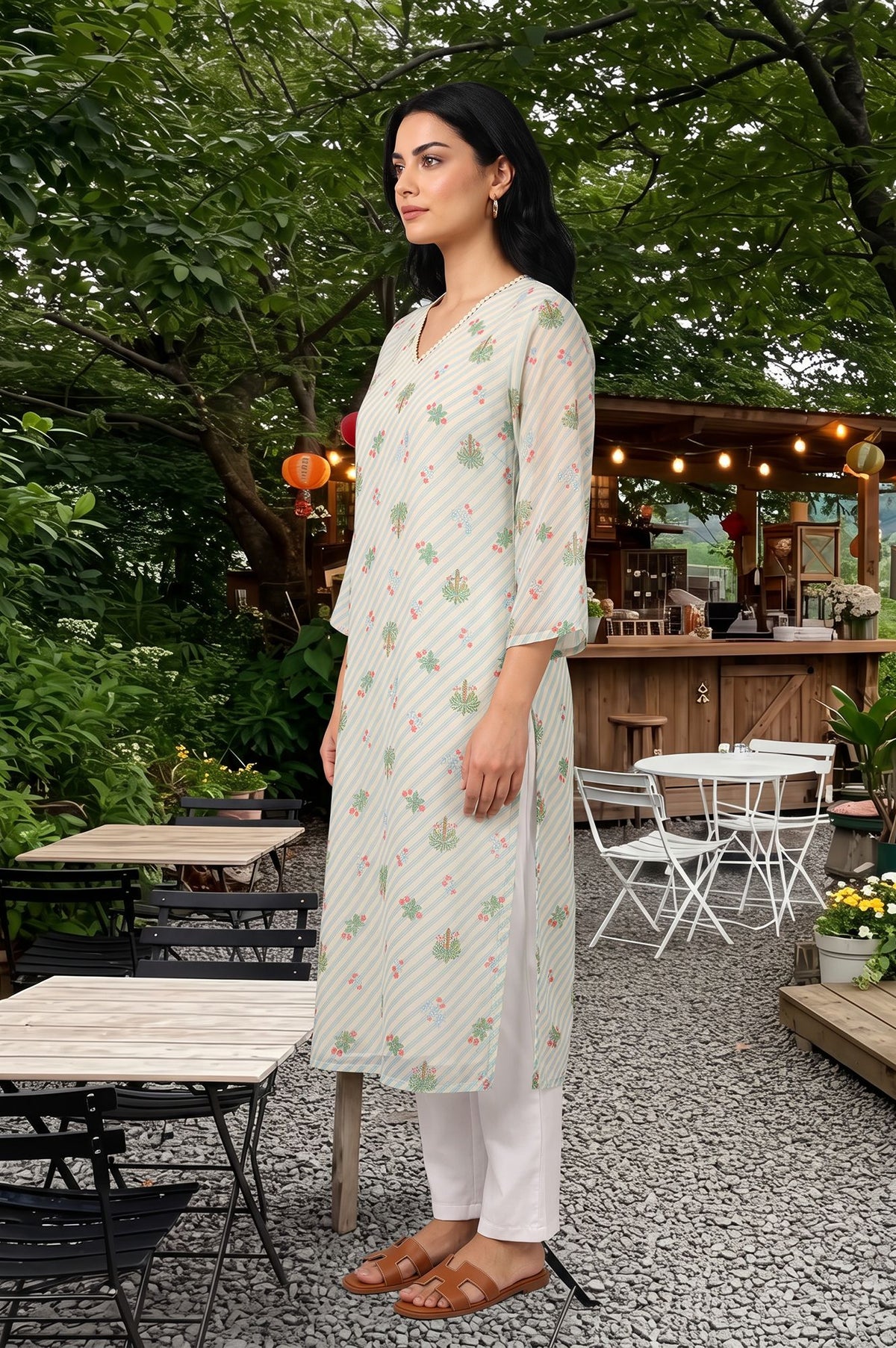 Off White Floral Printed Silver Chiffon Straight Kurta