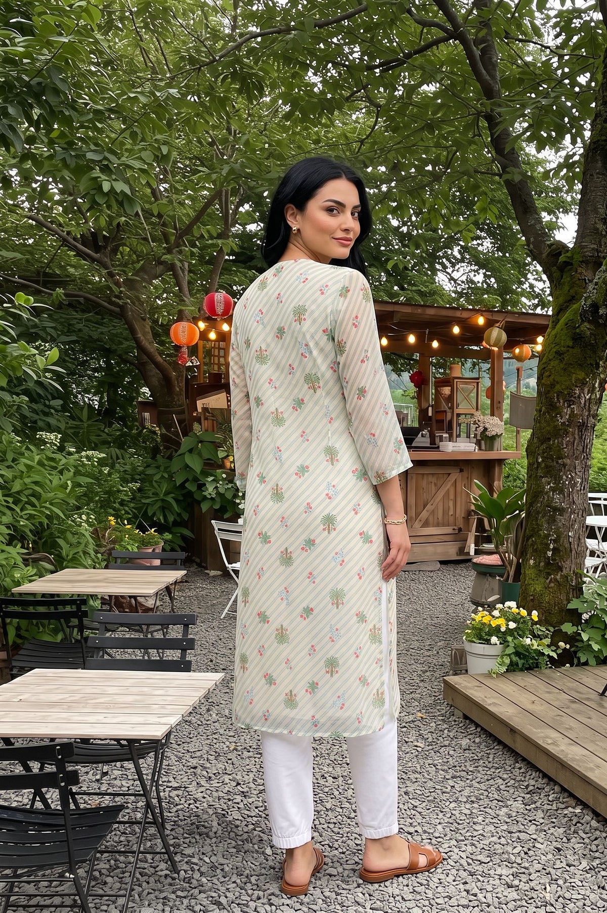 Off White Floral Printed Silver Chiffon Straight Kurta