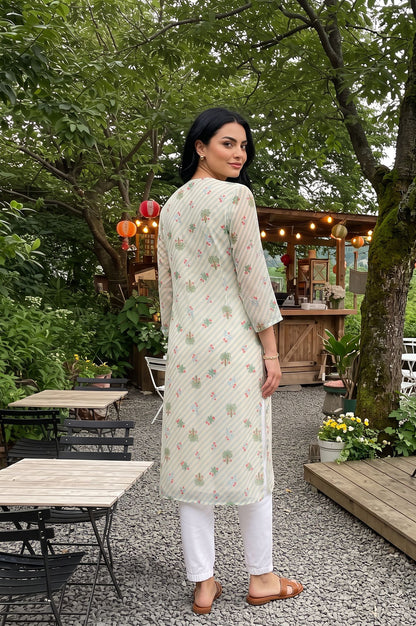 Off White Floral Printed Silver Chiffon Straight Kurta