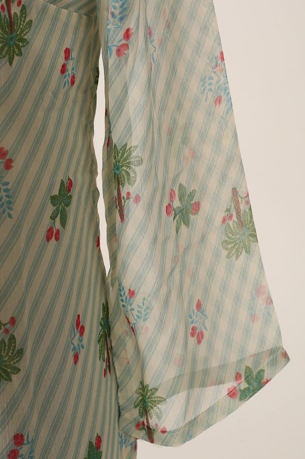 Off White Floral Printed Silver Chiffon Straight Kurta