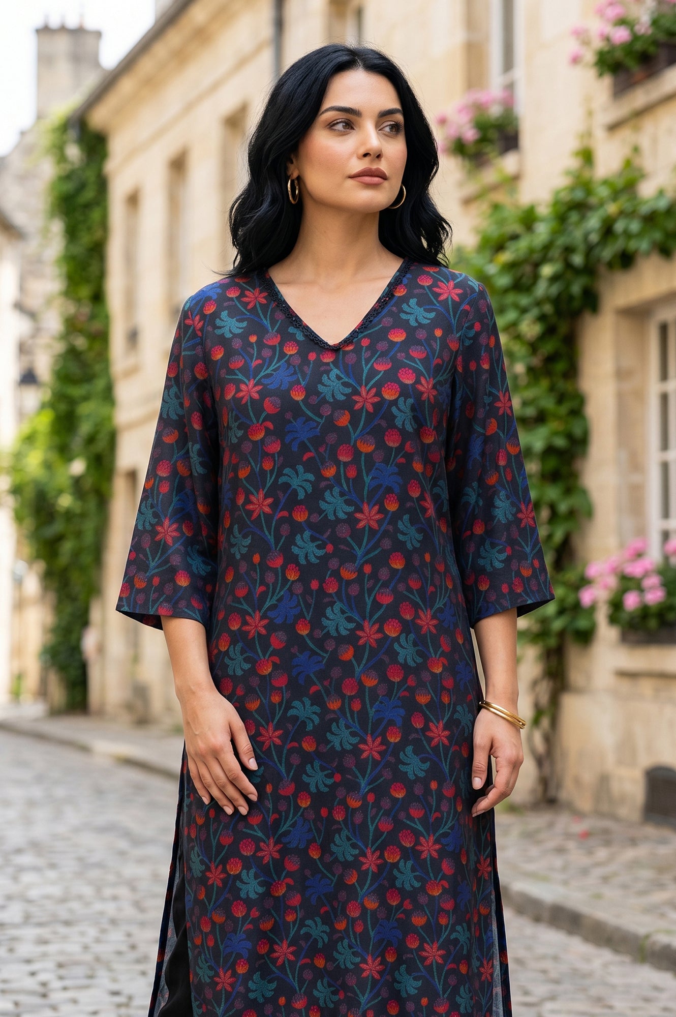 Black Floral Printed Straight Kurta