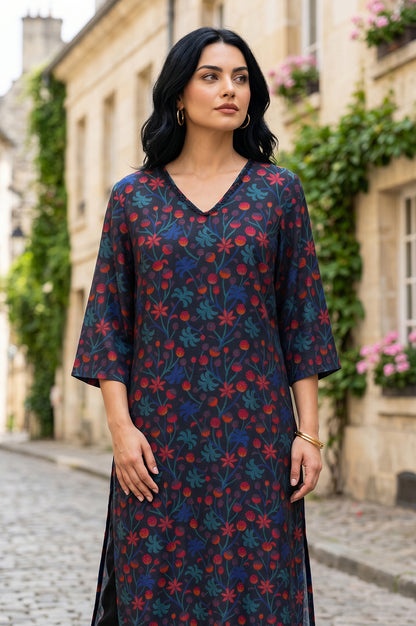Black Floral Printed Straight Kurta