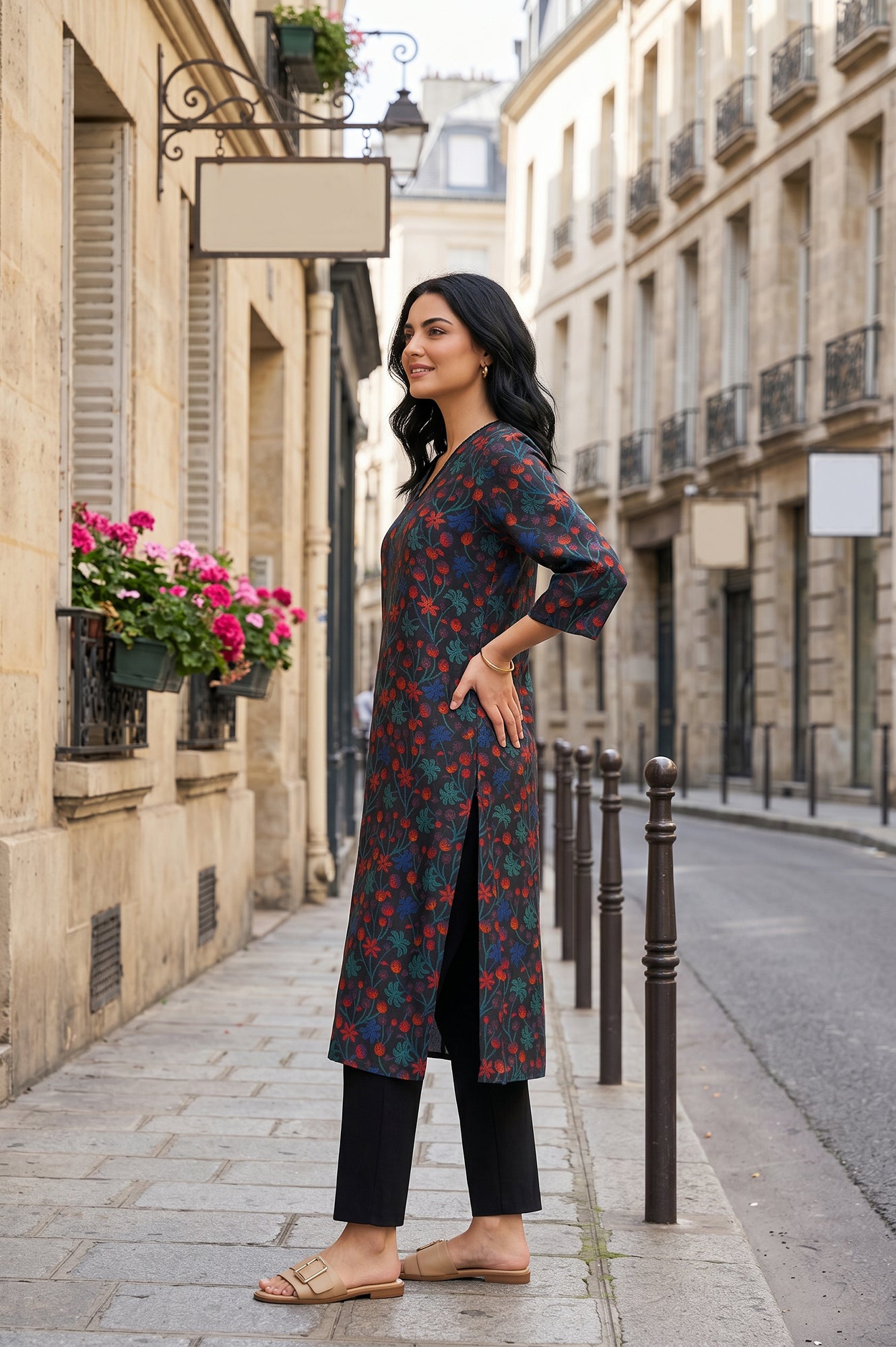 Black Floral Printed Straight Kurta