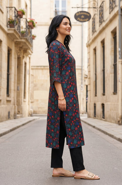 Black Floral Printed Straight Kurta