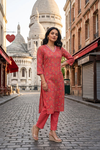 Red Floral Printed Rayon Straight Kurta
