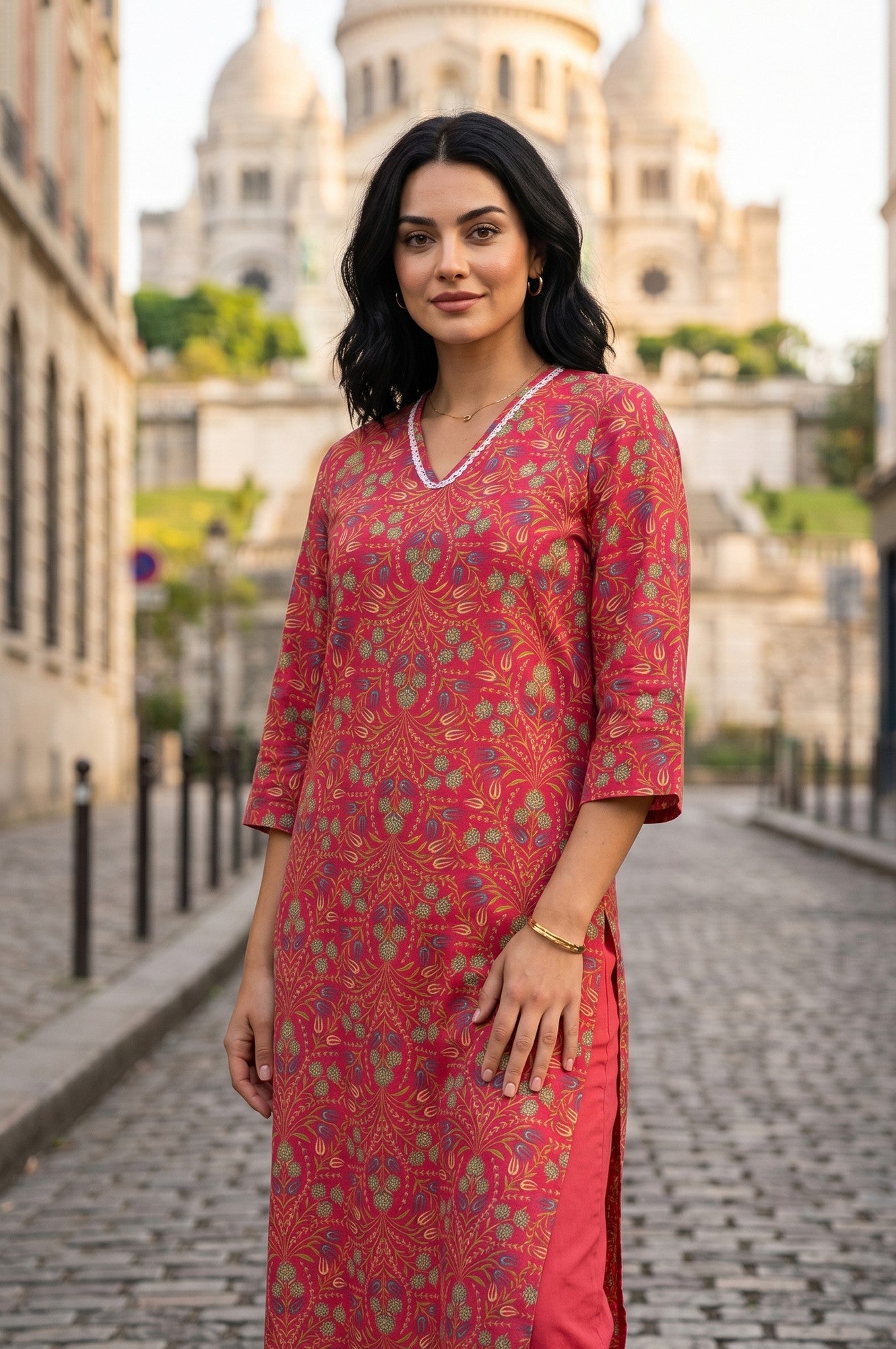 Red Floral Printed Rayon Straight Kurta