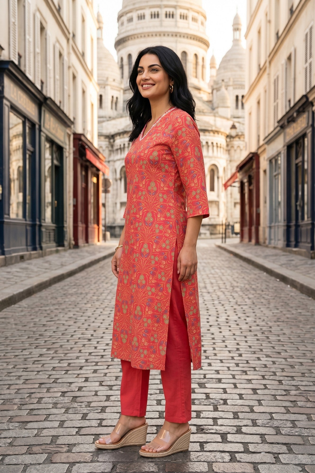 Red Floral Printed Rayon Straight Kurta