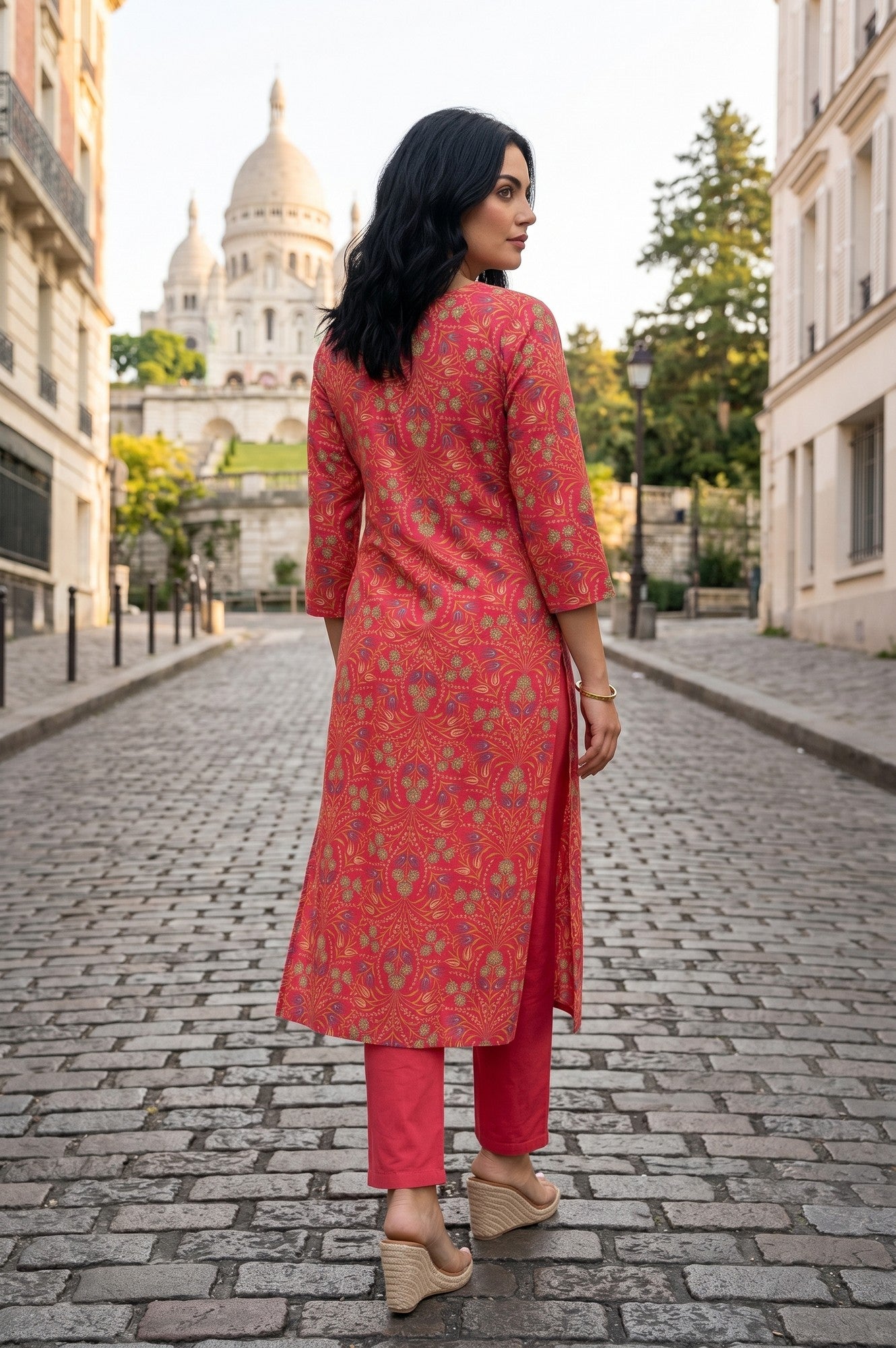 Red Floral Printed Rayon Straight Kurta