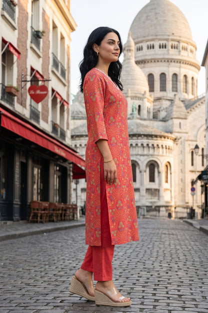 Red Floral Printed Rayon Straight Kurta