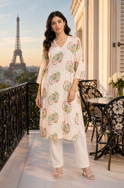 Off White Floral Printed Rayon Straight Kurta with Lace