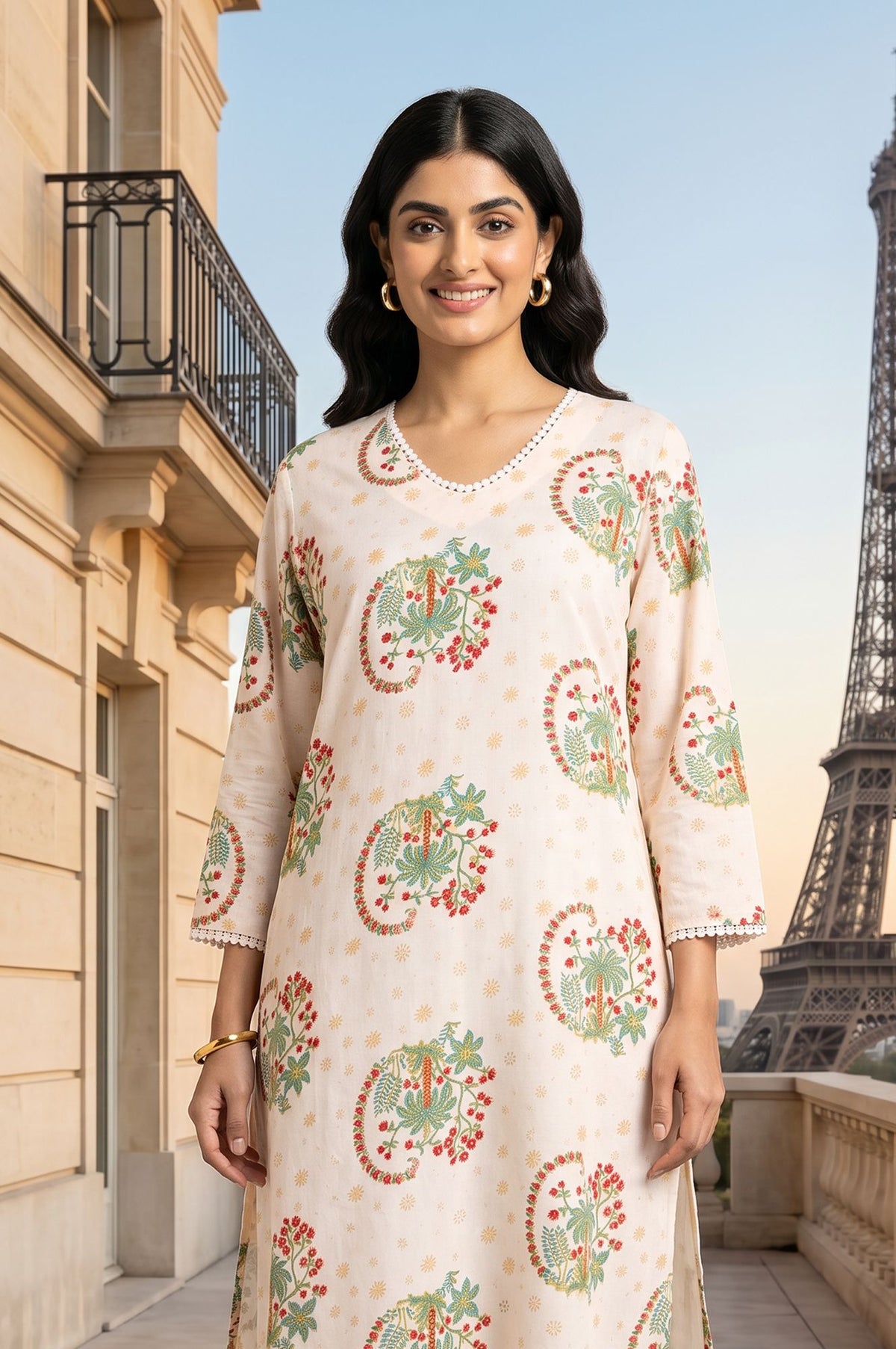 Off White Floral Printed Rayon Straight Kurta with Lace