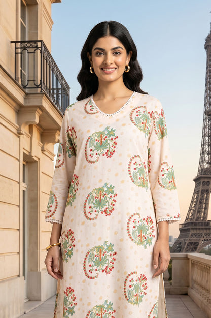 Off White Floral Printed Rayon Straight Kurta with Lace