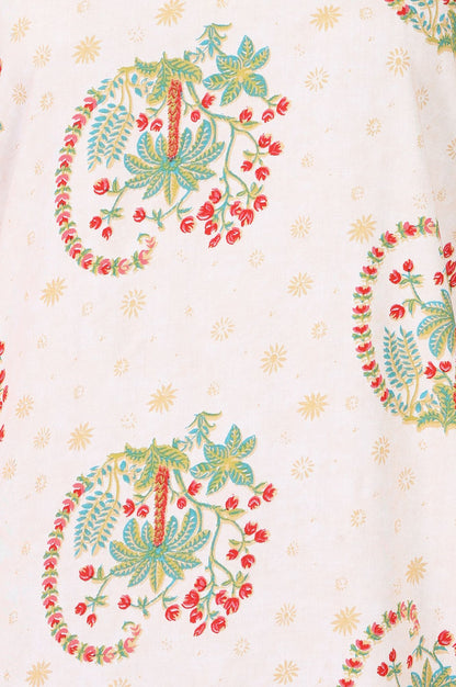 Off White Floral Printed Rayon Straight Kurta with Lace