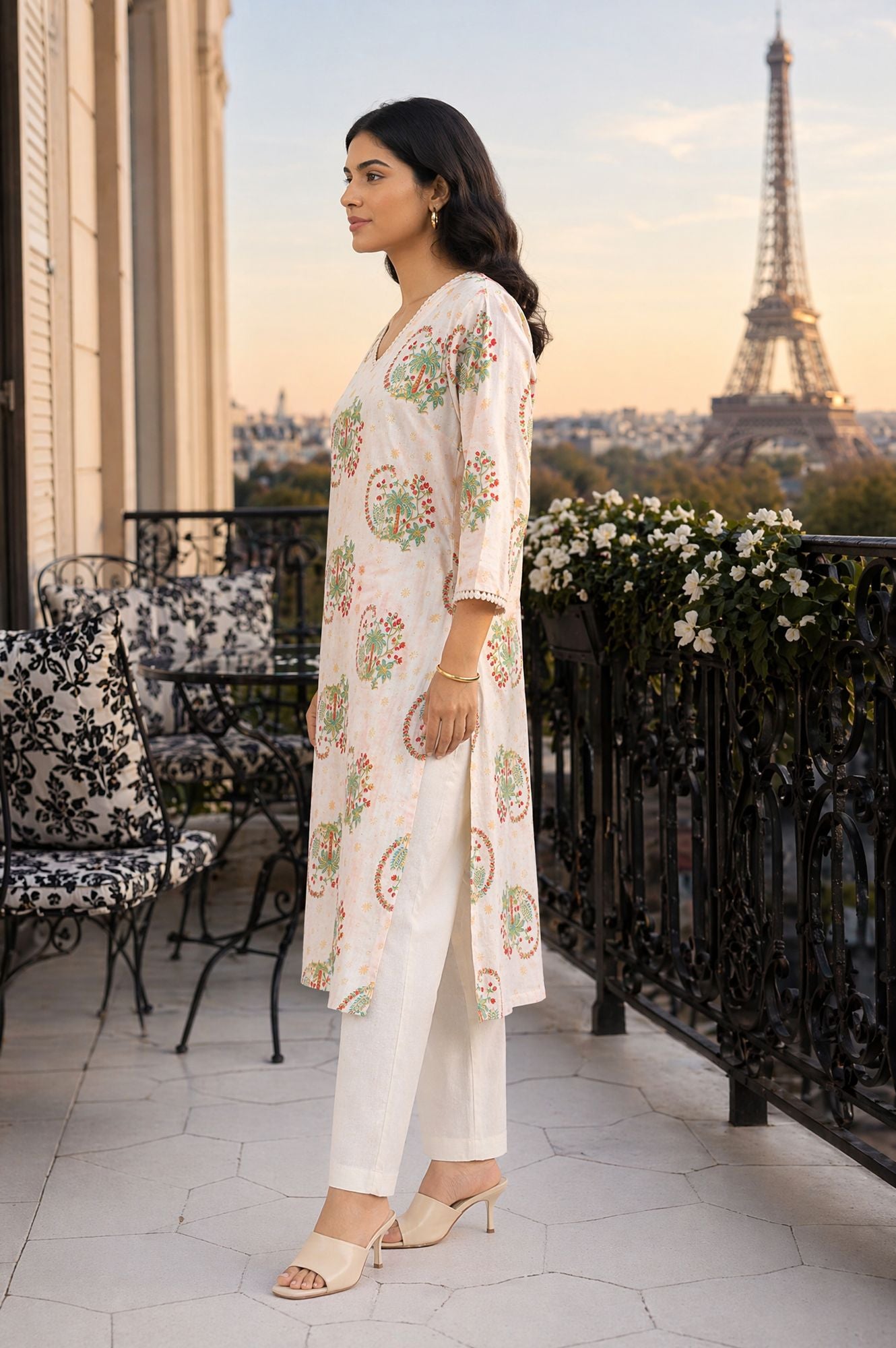 Off White Floral Printed Rayon Straight Kurta with Lace